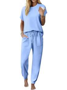Conjunto de Pijama Capri para Mujer , Ropa de Dormir de Manga Corta, 2 Piezas, Cuello Redondo, Pijama Suave con Bolsillos - Flores marrones, negro - Ver 9