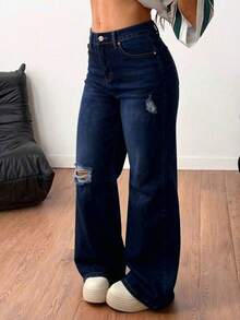 Light Blue Washed Straight-Leg Denim Trousers With Rips, Mid-Rise Waist, Elasticated And With An Elegant Drape - Dark Blue - View 4