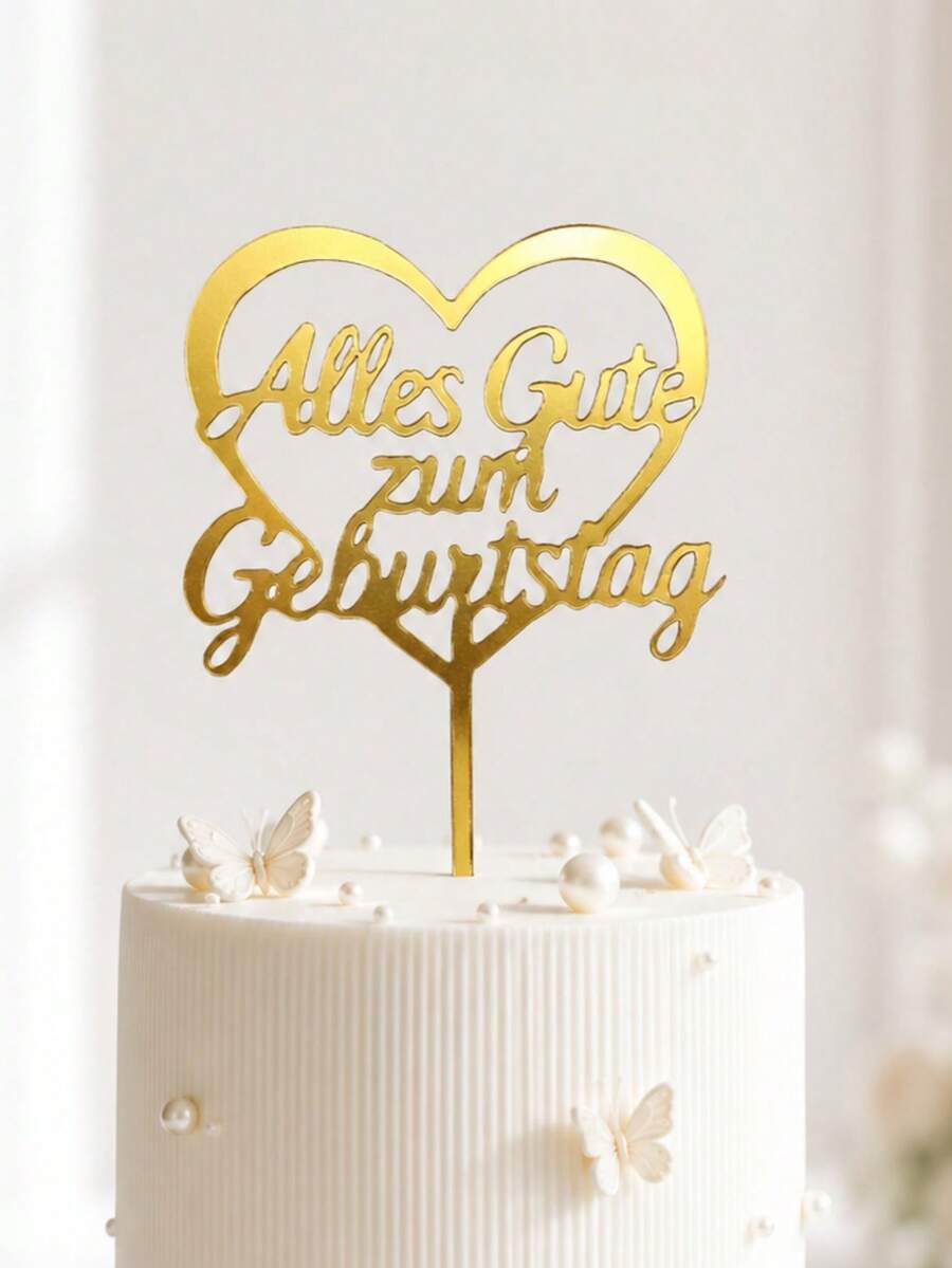 3件組 金色鏡面壓克力德文生日蛋糕插牌 Alles Gute Zum,附心形邊框、流暢手寫體字體與插棒,堅固鏡面 PMMA,適用德語區生日蛋糕裝飾 - A - 查看 1