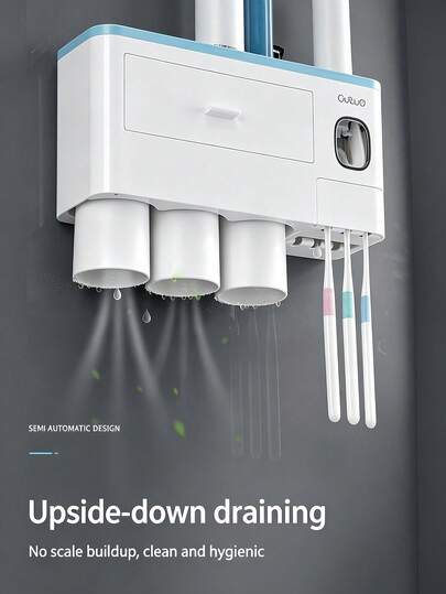 Soporte para cepillos de dientes de baño 2/3/4 tazas montado en la pared con exprimidor de pasta de dientes, organizador de almacenamiento de baño de gran capacidad, fácil instalación y uso, conjunto de accesorios de baño de moda, decoración de baño