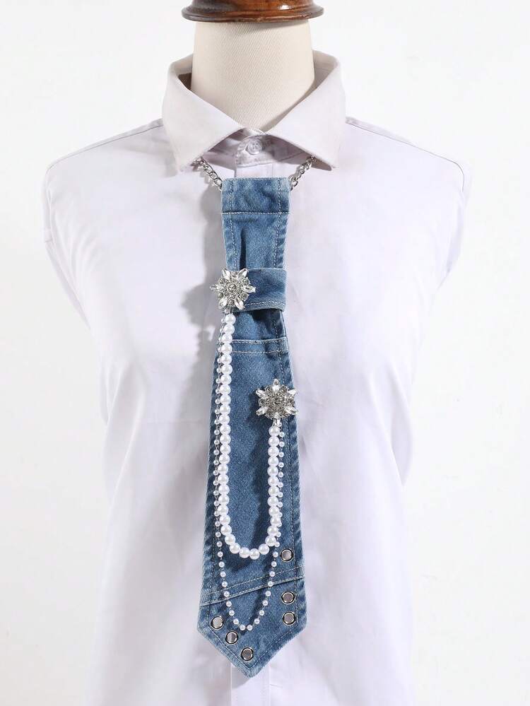 1PC Women's Punk Washed Denim Tie-Free Collar, Multi-Layer Pearl Chain, Women's JK Shirt Decorative Collar. Multiple Styles Available - Denim Rhinestone Snowflake - View 3