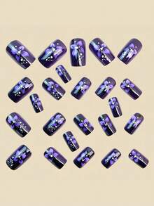 24pcs French Purple Floral Y2K Medium Length Press-On Nails, Easy To Apply, Long Lasting, Gentle On Natural Nails, Reusable False Nails - Multicolor - View 4