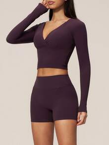 TimeOff Women's One Set Solid Color Criss-Cross Deep V-Neck Cropped Waist Long Sleeve Slim Fit Shorts Sports Set - Purple - View 7