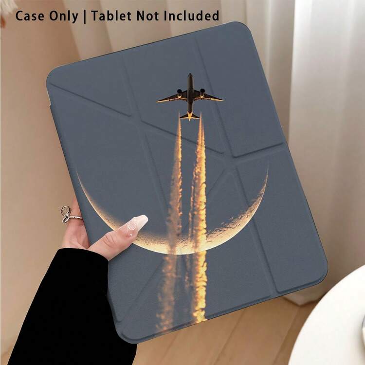 Airplane Flying Over Moon Pattern Painted Effect Tablet Protective Case With Stand, Compatible With Honor 8/9/10/X8/X8A/X9/X8Pro/X9Pro, MatePad SE 11 Inch/MatePad 11 Inch/11.5 Inch, MatePad Pro, , , Apple 10th/11th Gen 2025 (A16), Galaxy Tab A7/A9 And Other Popular Models - Style 20 - View 1