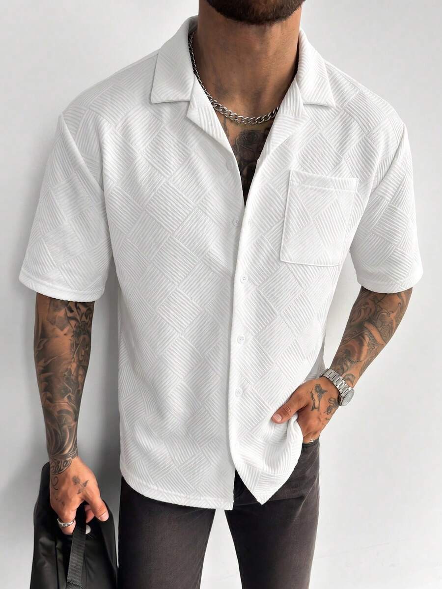 Men's Summer Fashion Classic Jacquard Loose Fit Short Sleeve Shirt, Suitable For Business Commute And Casual Wear