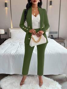 AIJ Women 2 Pieces Fall Fashion Outfits, Double Breasted Blazer & Pants Matching Set, Formal Business HOCO Homecoming Outfit - Turquoise - View 4