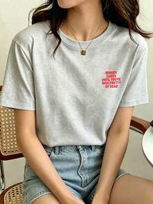 100% Cotton Crew Neck Printed Short-Sleeve T-Shirt, New Summer Clothing For Women, Stylish Relaxed Casual Top - Light Grey - View 2