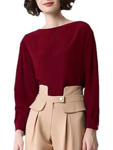 Blusa de seda de manga larga con cuello cuadrado para mujer, estilo informal, suelta, para oficina - Morado - Ver 12