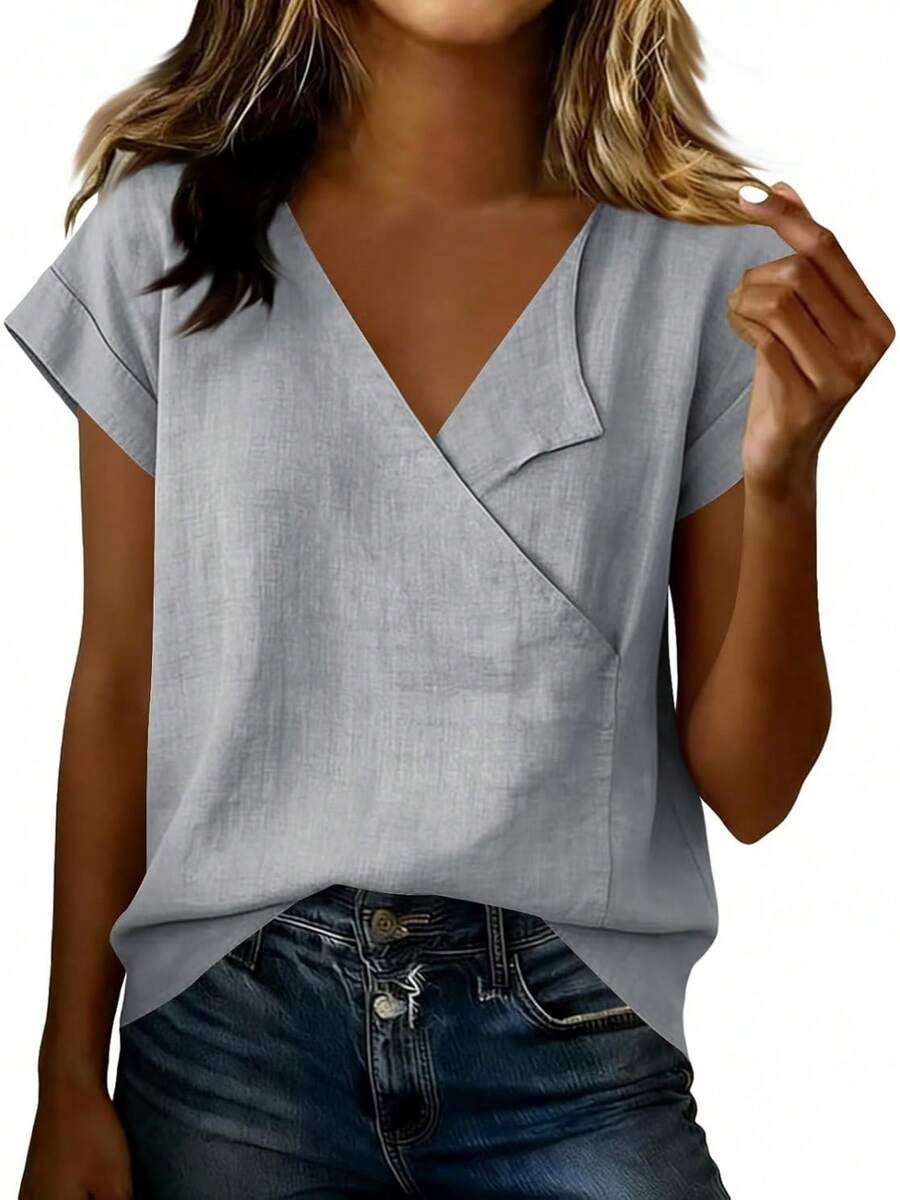 JOAU - Camisetas de algodón y lino para mujer, estilo casual, manga corta, cuello en V, holgadas, ligeras, de gasa - Gris - Ver 1