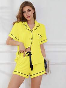 Conjunto de pijama para mujer, cuello con solapa, manga corta, top con bolsillo en el pecho y pantalones cortos con cintura elástica, 2 piezas, ropa de dormir para mujer. - RQ02-Beige - Ver 4