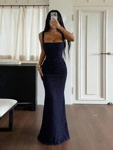 女款性感優雅黑色亮片美人魚長洋裝，無袖細肩帶修身晚禮服，適合派對與正式場合的夏季洋裝 - 藏蓝色 - 查看 4