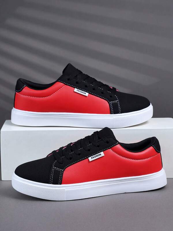 Men's Street Style Fashion Sneakers, Mixed Material Red Black Casual Shoes For Skateboarding