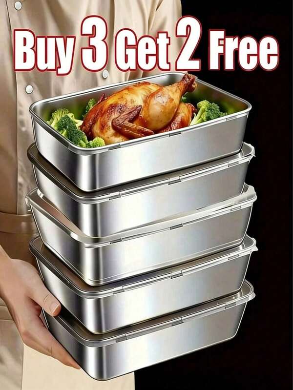 Buy 3 Get 2 Free, Total 5 Stainless Steel Food Storage Containers - Includes Lids, Durable Baking Pans, Reusable, Suitable For Picnic, Meal Prep, Refrigerator Storage And Kitchen Essentials | Easy To Clean, Stackable
