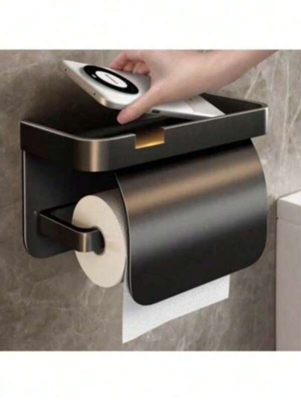 1pc Self-Adhesive Wall-Mounted Toilet Paper Holder With Storage Shelf, No Drilling Required, Fits Large Rolls, Minimalist Bathroom Decor, Grey And Black Options, Multi-Scene Universal Bathroom Accessory, Elegant Home Storage