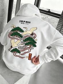 男士秋冬時尚百搭休閒鶴圖案連帽衛衣 - 白色 - 查看 1