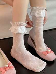 1 Pair -Style Lace Trim Mid-Calf Socks For Women, Lolita Bow-Knot Leg Warmers, Spring/Autumn Ballet Style JK Slouch Socks - Multicolor - View 5