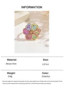 OOQ 1pc Minimalist Handmade Raffia Flower Open Metal Ring For Women, Colorful Dopamine Bright Summer Holiday INS Style, Suitable For Women's Daily Wear, Dating, Party, Versatile Gift For Her (Handmade Weaving Method Random, Purely Handmade May Have Occasional Glue Overflow) - Six-petaled Flower - View 9