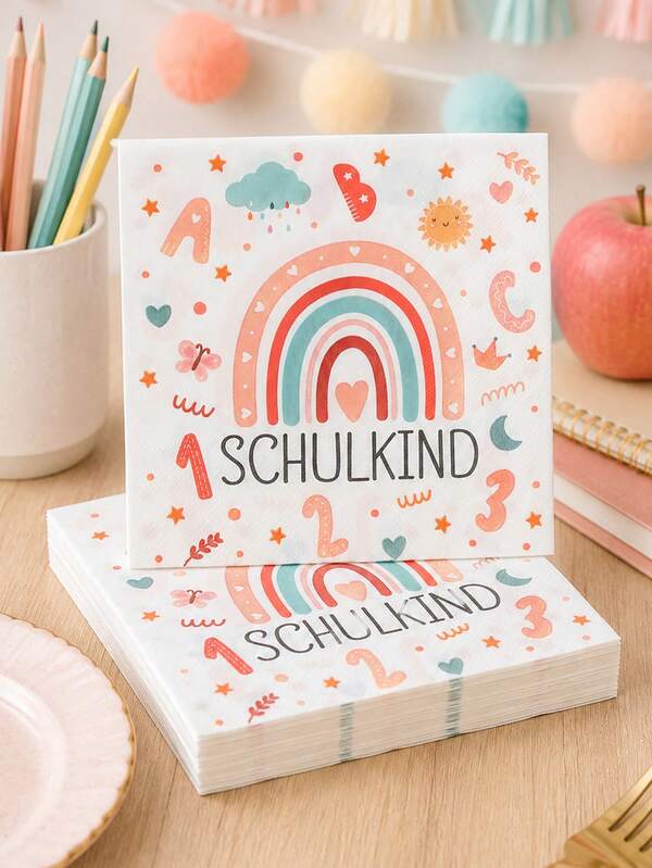 20 יחידות SCHULKIND טישיוים חד-פעמיים גרמניים לחזרה לבית הספר, מפיות מודפסות עם מספרים ואותיות בצבעי קשת, מפיות למסיבת כיתה א' בבית ספר גרמני, מפיות שולחן בסגנון בוהמי, מתאים לטקס כניסה לבית הספר, מסיבת כיתה א', מסיבת קבלת תלמידים חדשים, כלי מטבח, ציוד למסיבת חזרה לבית הספר