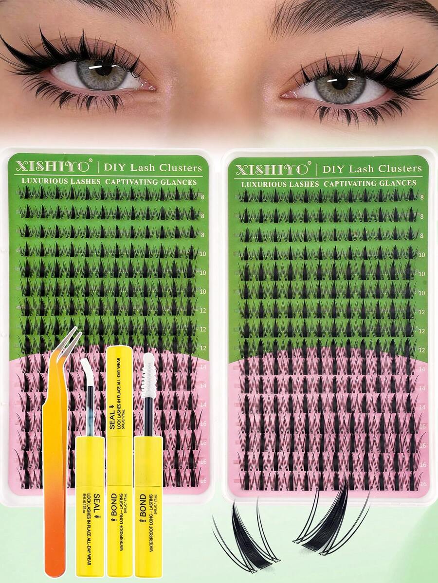 Juego de 384 piezas de racimos de pestañas de hada - Kit de extensión de pestañas DIY, adecuado para uso fácil en el hogar, estilo manga, racimos de pestañas finas de 8-16mm, tallo de pestañas invisible de 0.3mm, resistente al agua, crea un efecto de pestañas de calidad de salón, adecuado para el trabajo diario y fiestas, juego de extensión de pestañas naturales, extensión de pestañas finas, pestañas individuales, incluye pegamento de pestañas y pinzas de extensión de pestañas, fácil DIY en casa.