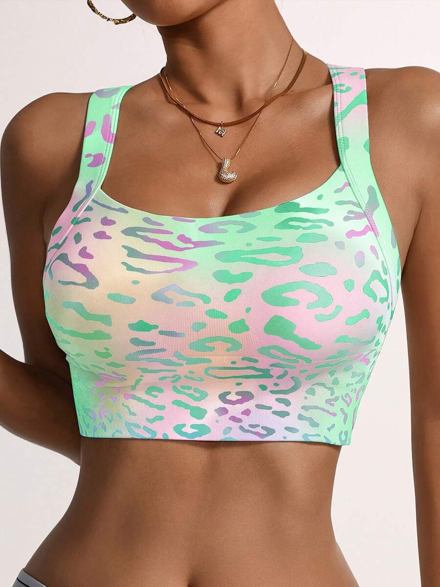 Bra Olahraga Wanita Gradien Pelangi Elastisitas Tinggi Bra Fitness Silang Belakang Dapat Dicuci dengan Mesin Cuci Musim Gugur