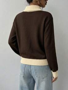 Sweater Rajut Kerah Kontras Warna Kopi, Lembut dan Elegan, Serbaguna untuk Beraktivitas Sehari-hari - Coklat - View 2