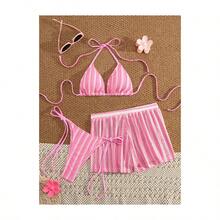 Set de bikini boho de 3 piezas para mujer con top halter, short de rayas y cubre falda de crochet con cordón - Negro - Ver 8
