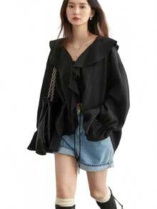 Blusa suelta con cuello en V y cordones para mujer, longitud media con volantes - Albaricoque - Ver 11
