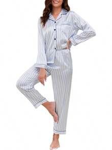 GAESHOW Conjunto de Pijamas de Mujer con Manga Larga de Satén Top Botones y Pantalones Pijama de Seda Ropa de Dormir - Rojo Vino Oscuro - Ver 15