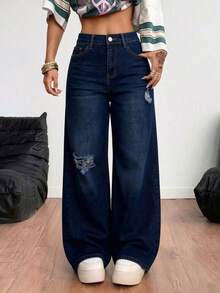 Light Blue Washed Straight-Leg Denim Trousers With Rips, Mid-Rise Waist, Elasticated And With An Elegant Drape - Dark Blue - View 3
