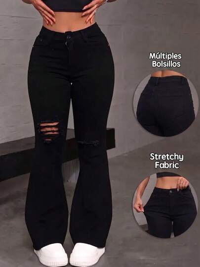 Pantalones acampanados de mezclilla lavados con roturas, cintura media, ajustados y elásticos