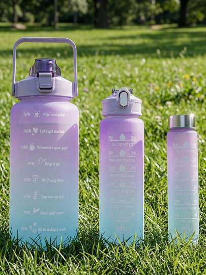 Botella de agua deportiva degradada esmerilada de 2000ML/750ML, jarra de agua con recordatorio de escala de tiempo, taza con pajita de tapa emergente de gran capacidad portátil, botella de agua fría de plástico a prueba de fugas; camping al aire libre, fitness de carrera, transporte en campus, portátil para coche, color degradado INS de alta estética, uso unisex para estudiantes, resistente al desgaste y a las caídas con asa, conjunto de hidratación por capas contenedor de bebida portátil.