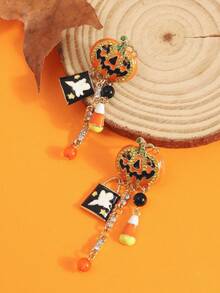 1 Pair New Halloween Earrings For Women, Creative Pumpkin Head & Ghost Pendant, Asymmetrical Design Stud Earrings - Multicolor - View 4
