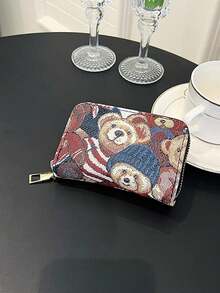 Women's Cartoon Accordion Zipper Card Holder With Bear Embroidery, Multi-Slot Coin & Card Wallet - Black - View 3