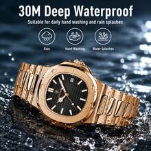 CTPOR 1pc Men's Rose Gold Stainless Steel Band Fashion Waterproof Calendar Luminous Hour & Minute Hands Square Quartz Watch, Birthday Or Holiday Gift - Multicolor - View 3