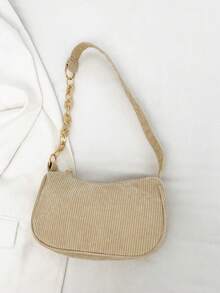 Minimalist Light Gray Corduroy Hobo Underarm Bag, Single Handle Handbag For Women, Soft Accessory For Casual And Office Look - 黑與白 - 查看 1