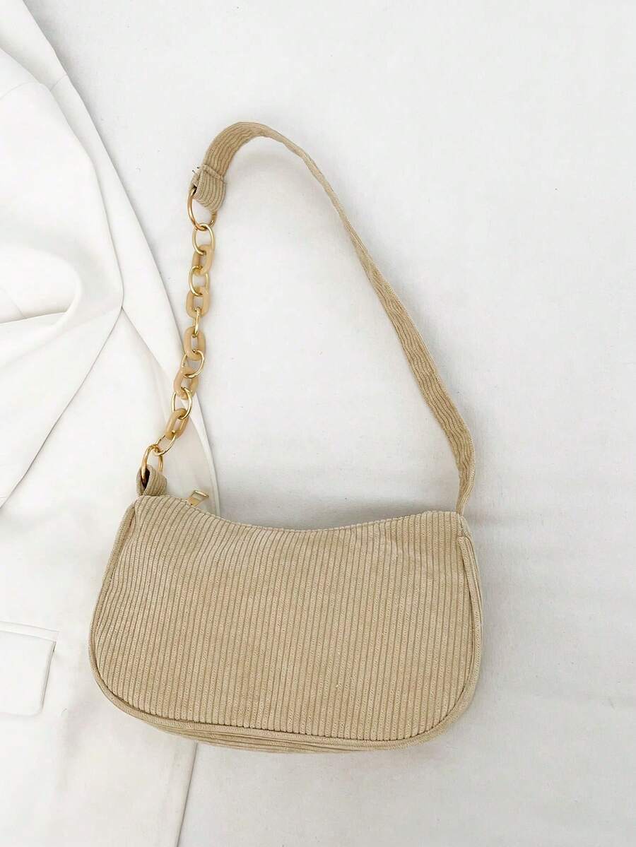 Minimalist Light Gray Corduroy Hobo Underarm Bag, Single Handle Handbag For Women, Soft Accessory For Casual And Office Look - 黑與白 - 查看 1
