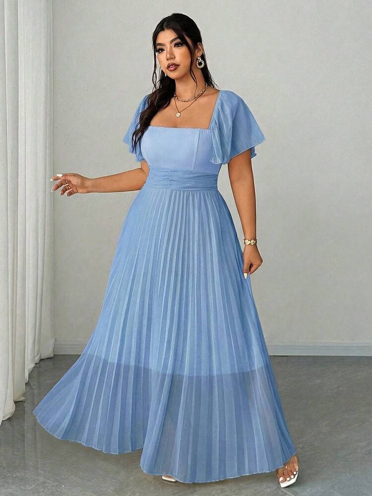 a Vestido elegante y romántico de manga corta, cuello cuadrado, cintura recogida y línea A para mujer de talla grande en color crema amarillento - Niebla azul - Añade 1