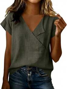 JOAU - Camisetas de algodón y lino para mujer, estilo casual, manga corta, cuello en V, holgadas, ligeras, de gasa - Gris - Ver 8