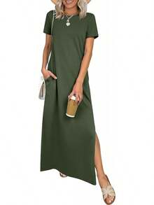 ANRABESS - Vestido largo casual de verano para mujer, manga corta, cuello redondo, dividido, sin arrugas, para viajes, playa, día festivo - Verde bosque - Ver 15