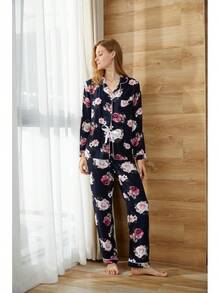 Conjunto de Pijama para Mujer con Cuello Recortado, Estampado Floral, Camisa con Botones y Pantalones Largos, Algodón, 2 Piezas, Ropa de Dormir - Gris - Ver 5