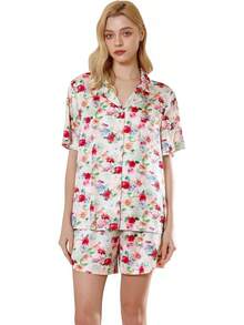 YiNi LuLu - Conjunto de pijama de satén de seda para mujer, 2 piezas, pijama de manga corta, de gran tamaño, con bolsillos - frasco de perfume - Ver 12