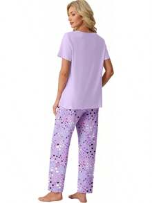 PrinStory - Conjunto de pijama suave de 2 piezas para mujer, conjunto de pijama casual de manga corta con bolsillos - Estrella rosada - Ver 5