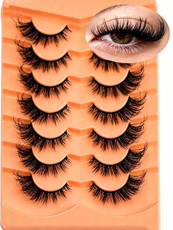 New 3D Cat Eye False Eyelashes - 7 Pairs, Dense Fluffy Faux Mink Lashes, 5D Strip Lashes Suitable For Natural Makeup