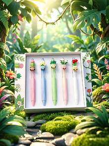 5pcs Creative Plant Shaped Neutral Pens, Random Cute Potted Plant Design Neutral Pens, 0.5mm Quick-Dry Black Ink Ballpoint Pens, First Day Of School - Multicolor - View 7