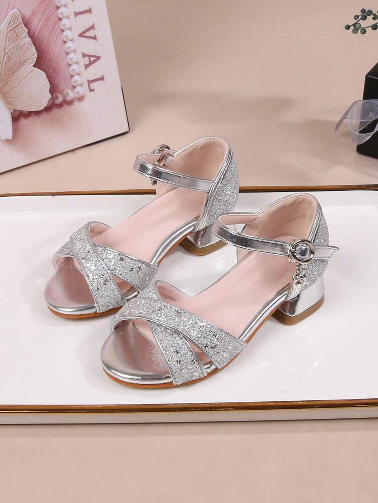 Summer New Fashion Versatile Girls High Heel Shoes, Kids Open Toe Sequin Sandals For Party, Wedding, Performance - Silver - View 9