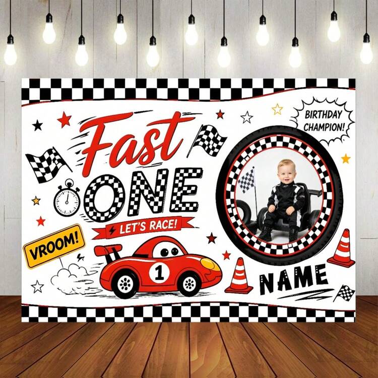 Customizable Photo & Name Cool Racing Championship Birthday Banner, Black & White Checkered Flag Balloon Timer Design With Red Sports Car Graphic, Suitable For Racing Theme Birthday Party, Wall Decor, Photo Backdrop, Vinyl Banner Prop - Type C - View 9