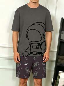 Men's Summer Pajama Set, Round Neck Solid Color Minimalist Astronaut Print Short Sleeve & Shorts, Casual Comfortable Lazy Homewear - Multicolor - View 6