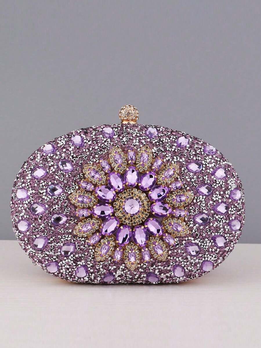 Acrylic Rhinestone Evening Handbag For Wedding, Popular Chain Shoulder Bag Adorned With Rhinestones - Purple - View 1