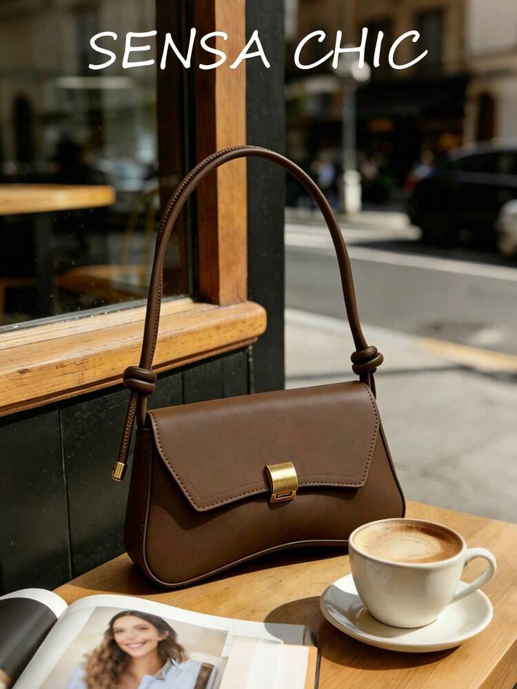 New Fashion Women's Underarm Bag, Knitted Bag With Personalized Metal Buckle Decor Design, One Shoulder Bag, Solid Color PU Premium Style - Brown - View 1