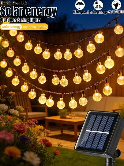 1PC Outdoor LED Solar Light String -20/50/100LED, 8 Flashing Modes, IP65 Outdoor Waterproof Fairy Light, Suitable For Gardens, Courtyards, Balconies, Eaves, Homes, Parties, Birthdays, Trees, Fences, Holiday Decorations, Outdoor Garden Light String